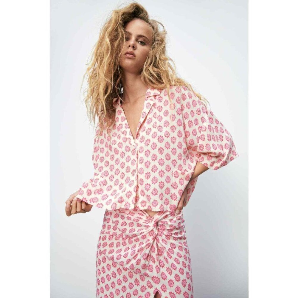 Zara Pink and White Flowy Skirt and Blouse Set